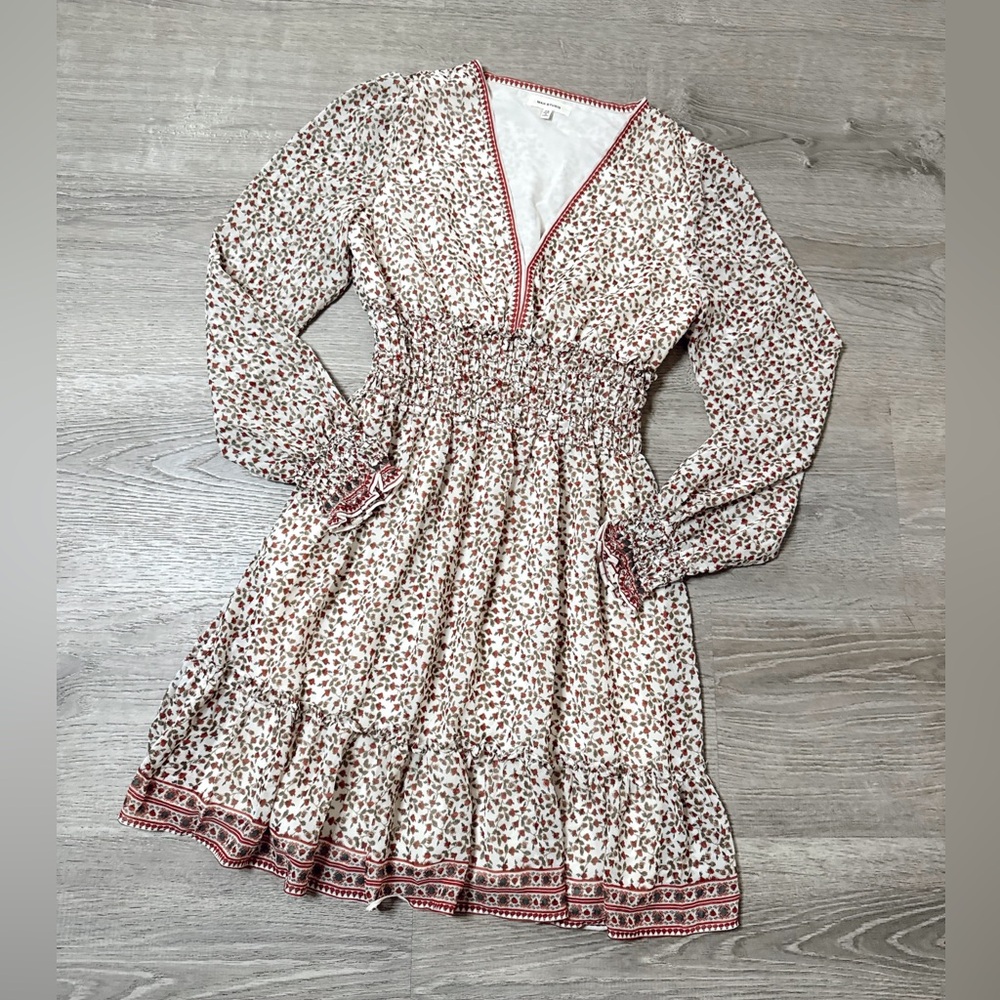 Boho Floral Smocked Waist Dress - White with Rose Print